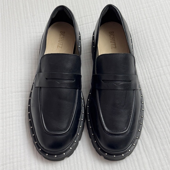 Schutz Christie Studs Black Leather Chunky Y2K Loafers Size 10 Retro - Picture 6 of 13